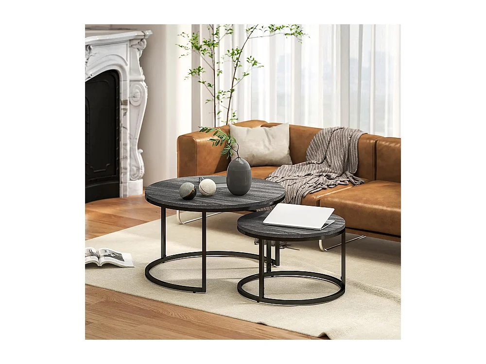 Lot de 2 tables basses gigognes empilable design industriel plateau imitation ciment pieds en métal noir