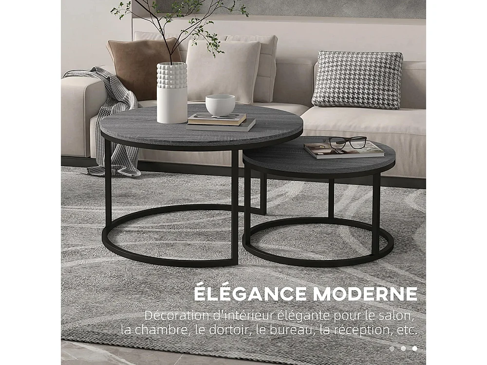 Lot de 2 tables basses gigognes empilable design industriel plateau imitation ciment pieds en métal noir