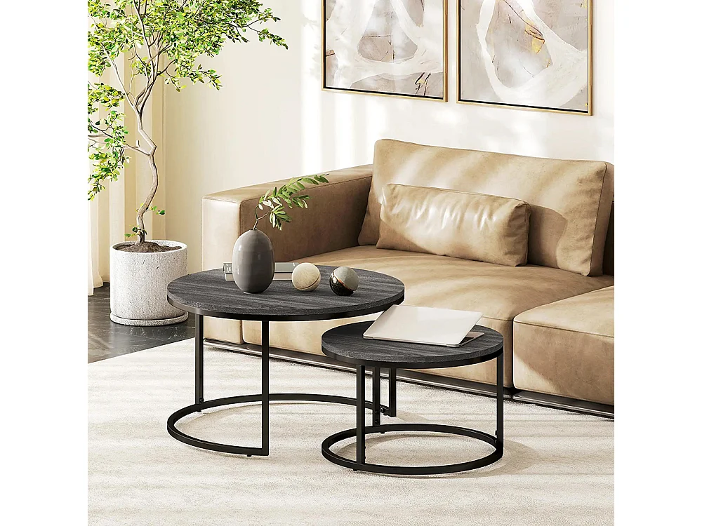 Lot de 2 tables basses gigognes empilable design industriel plateau imitation ciment pieds en métal noir