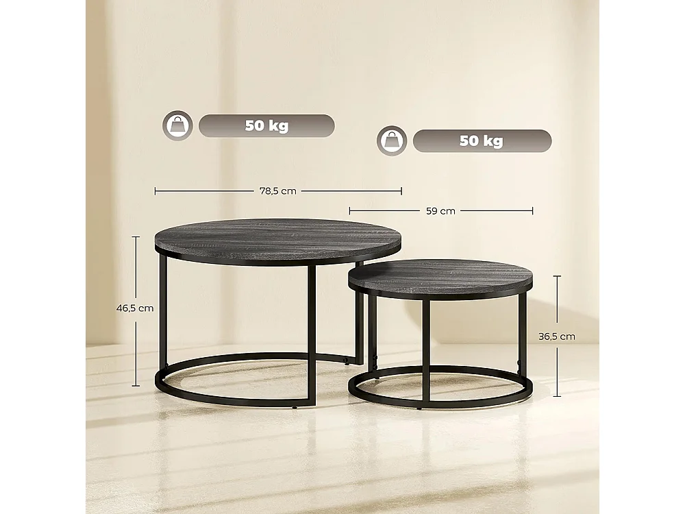 Lot de 2 tables basses gigognes empilable design industriel plateau imitation ciment pieds en métal noir