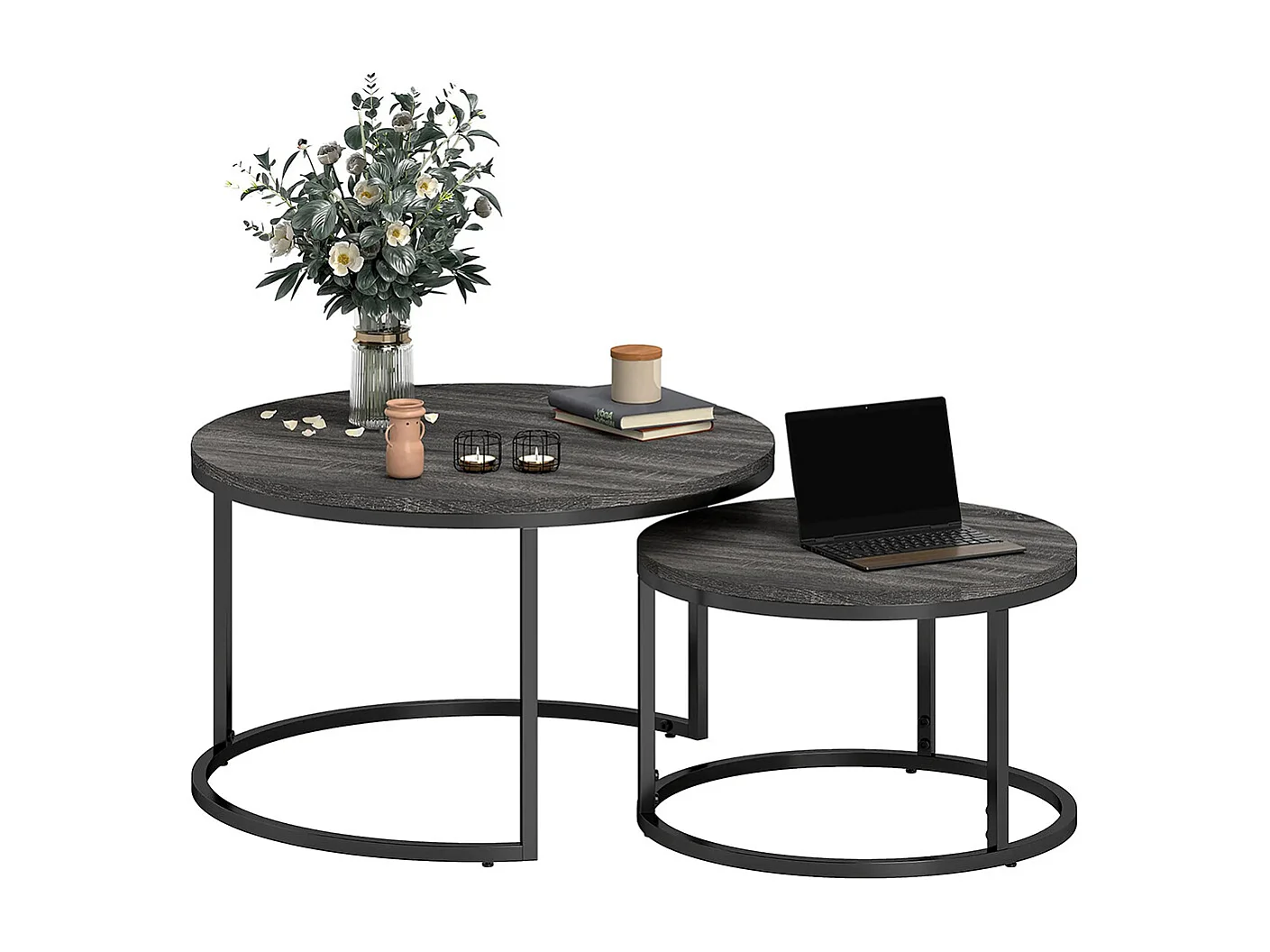 Lot de 2 tables basses gigognes empilable design industriel plateau imitation ciment pieds en métal noir