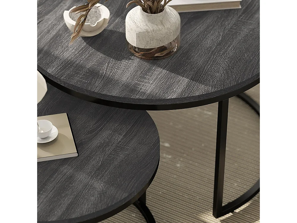 Lot de 2 tables basses gigognes empilable design industriel plateau imitation ciment pieds en métal noir