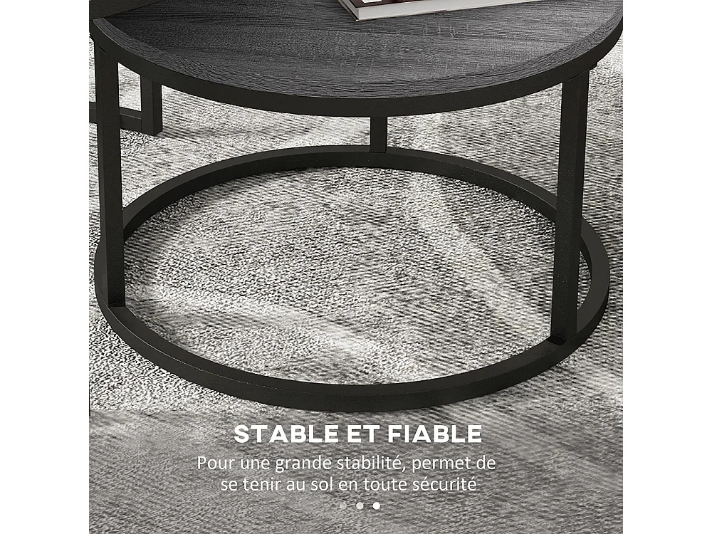 Lot de 2 tables basses gigognes empilable design industriel plateau imitation ciment pieds en métal noir