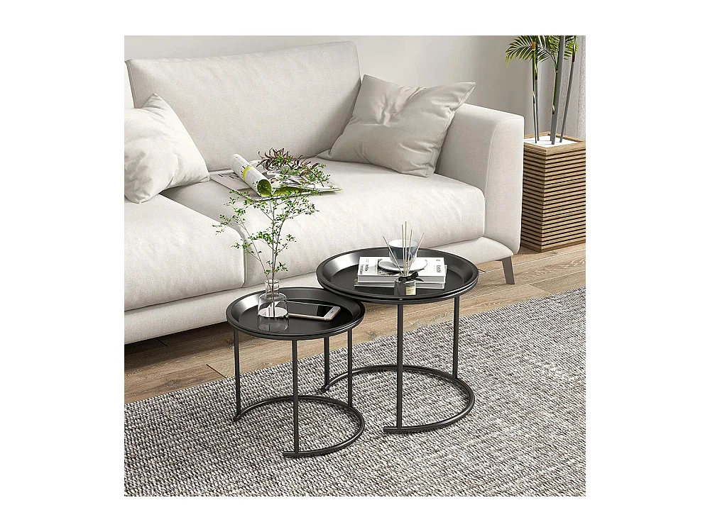 Lot de 2 tables basses rondes gigognes plateaux amovibles style industriel en acier Ø 43 et Ø 35 cm noir