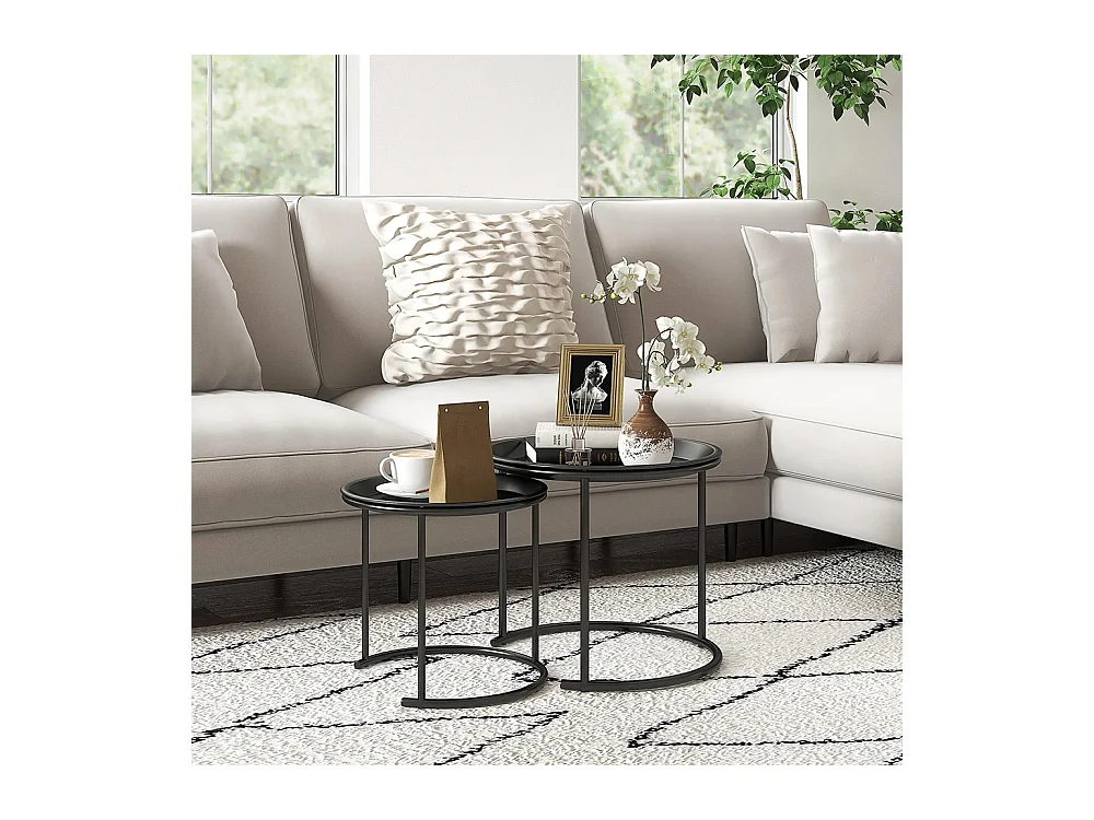 Lot de 2 tables basses rondes gigognes plateaux amovibles style industriel en acier Ø 43 et Ø 35 cm noir