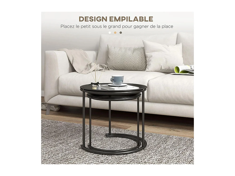 Lot de 2 tables basses rondes gigognes plateaux amovibles style industriel en acier Ø 43 et Ø 35 cm noir