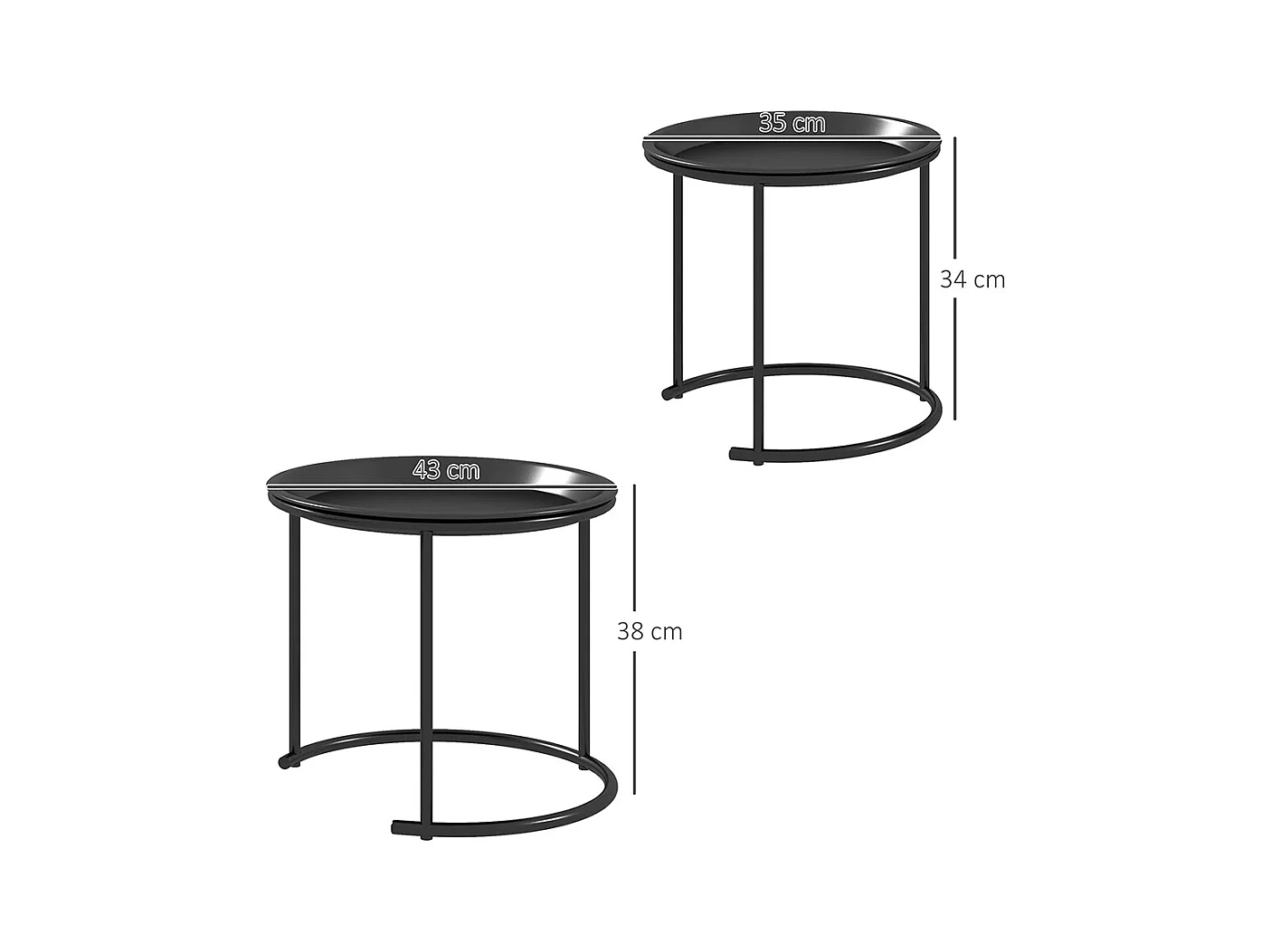 Lot de 2 tables basses rondes gigognes plateaux amovibles style industriel en acier Ø 43 et Ø 35 cm noir