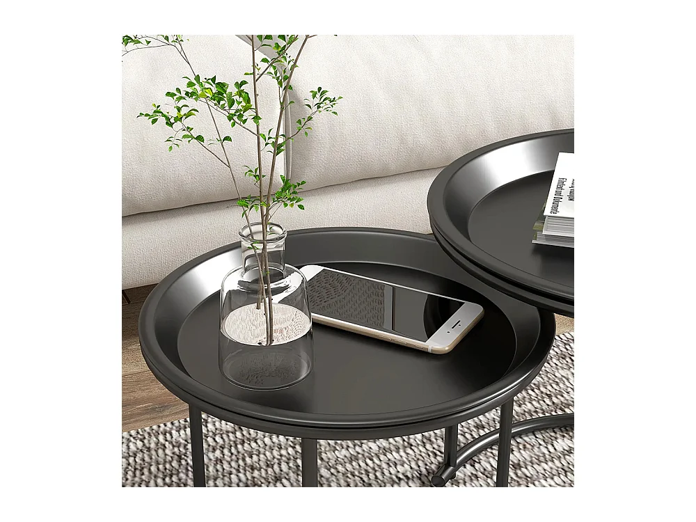 Lot de 2 tables basses rondes gigognes plateaux amovibles style industriel en acier Ø 43 et Ø 35 cm noir