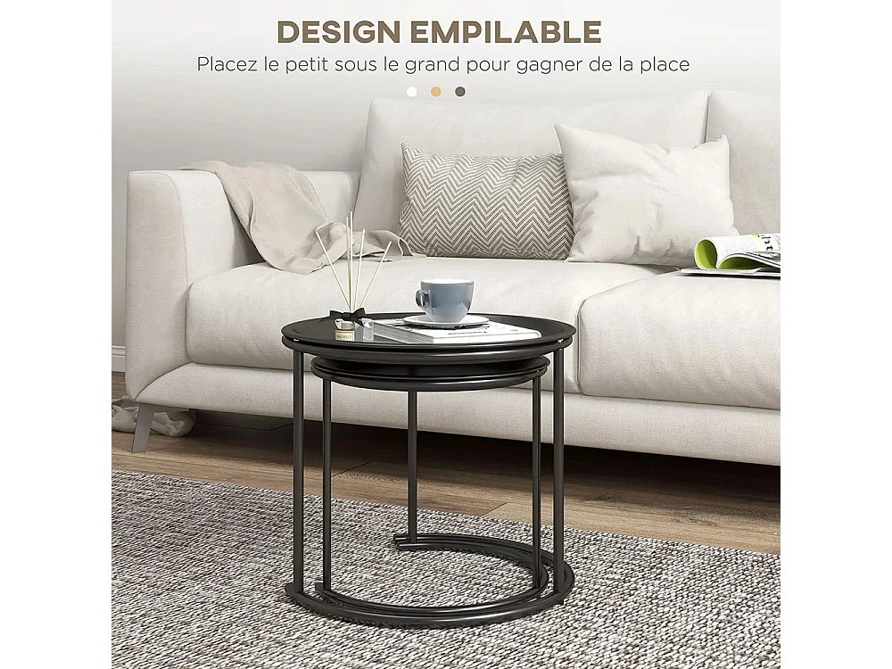 Lot de 2 tables basses rondes gigognes plateaux amovibles style industriel en acier Ø 43 et Ø 35 cm noir