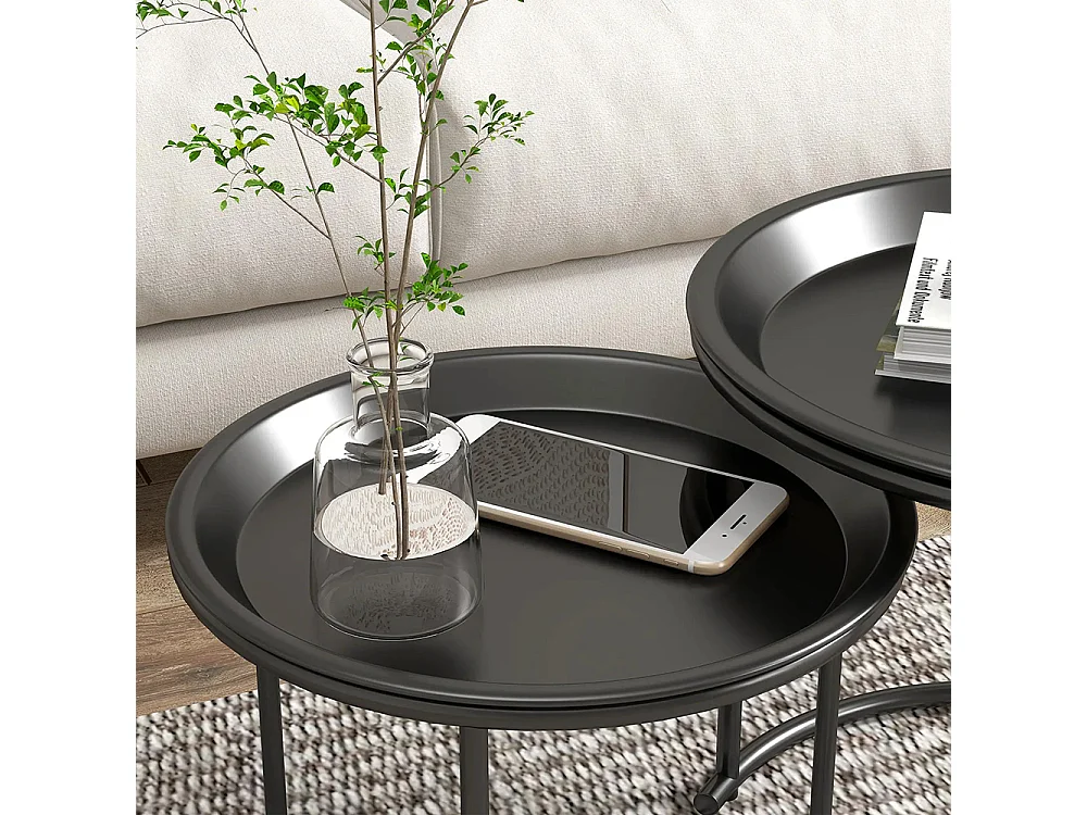 Lot de 2 tables basses rondes gigognes plateaux amovibles style industriel en acier Ø 43 et Ø 35 cm noir