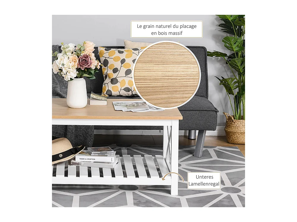 Table Basse rectangulaire dim. 116L x 60l x 48H cm étagère à Lattes Plateau Imitation chêne Clair MDF Blanc