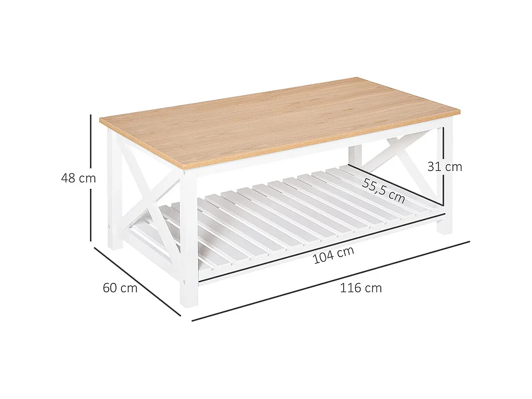 Table Basse rectangulaire dim. 116L x 60l x 48H cm étagère à Lattes Plateau Imitation chêne Clair MDF Blanc