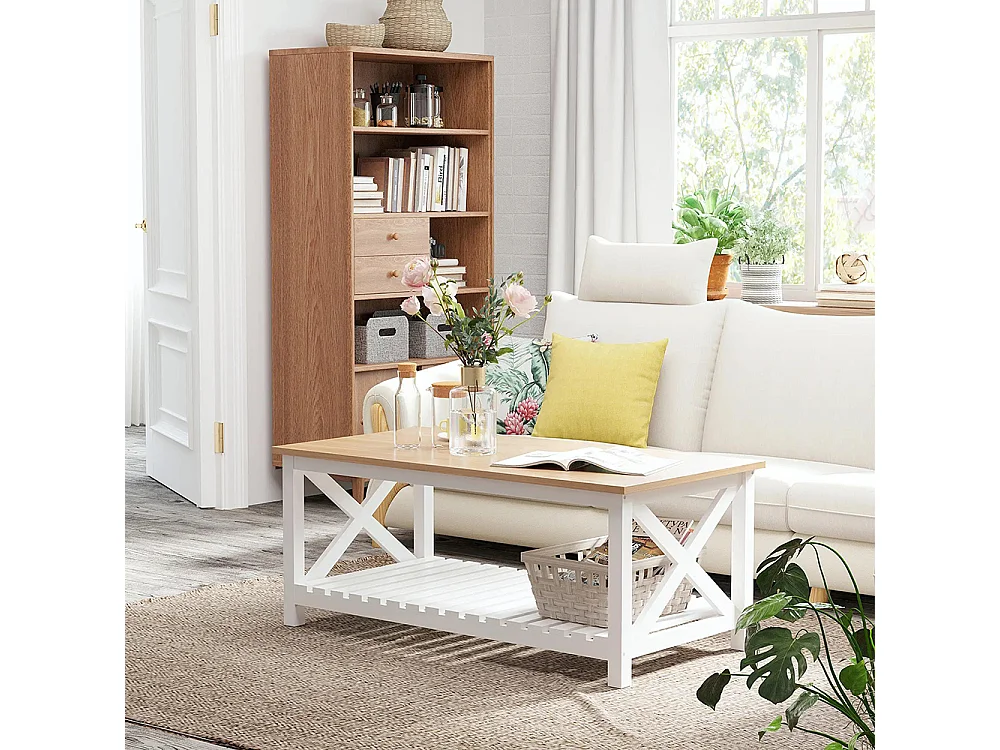 Table Basse rectangulaire dim. 116L x 60l x 48H cm étagère à Lattes Plateau Imitation chêne Clair MDF Blanc