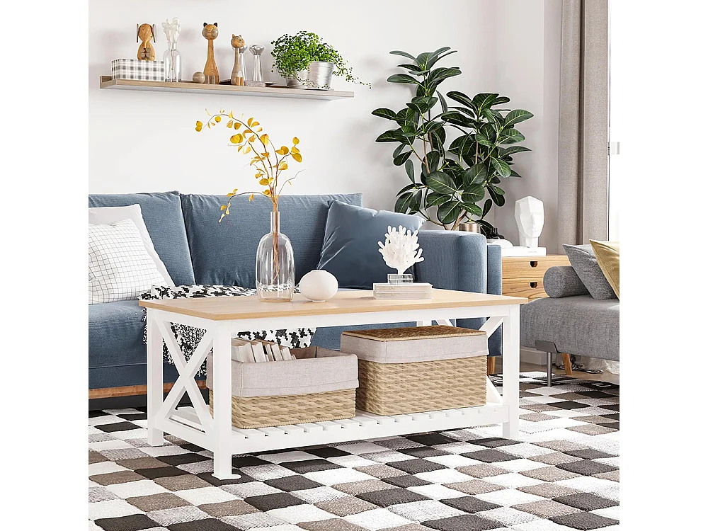 Table Basse rectangulaire dim. 116L x 60l x 48H cm étagère à Lattes Plateau Imitation chêne Clair MDF Blanc