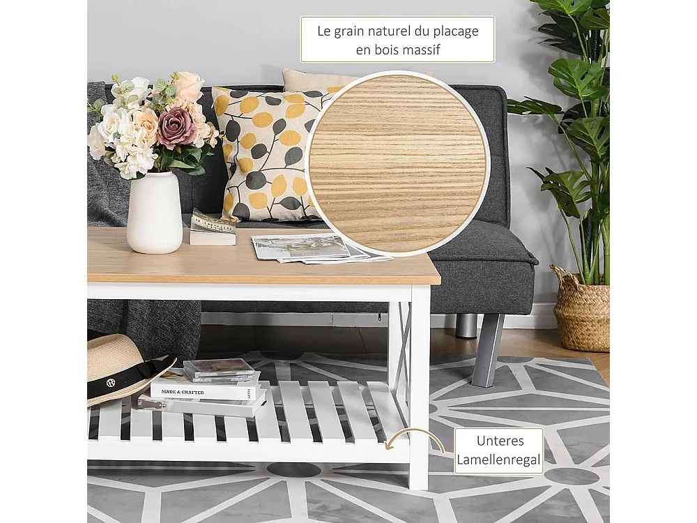 Table Basse rectangulaire dim. 116L x 60l x 48H cm étagère à Lattes Plateau Imitation chêne Clair MDF Blanc
