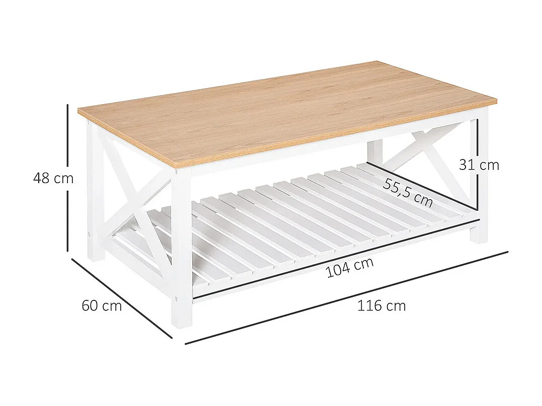 Table Basse rectangulaire dim. 116L x 60l x 48H cm étagère à Lattes Plateau Imitation chêne Clair MDF Blanc