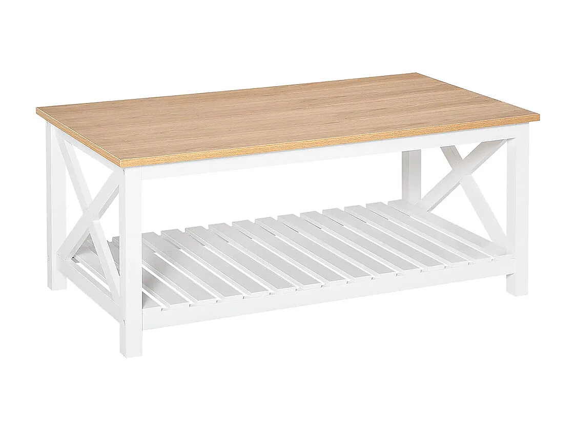 Table Basse rectangulaire dim. 116L x 60l x 48H cm étagère à Lattes Plateau Imitation chêne Clair MDF Blanc