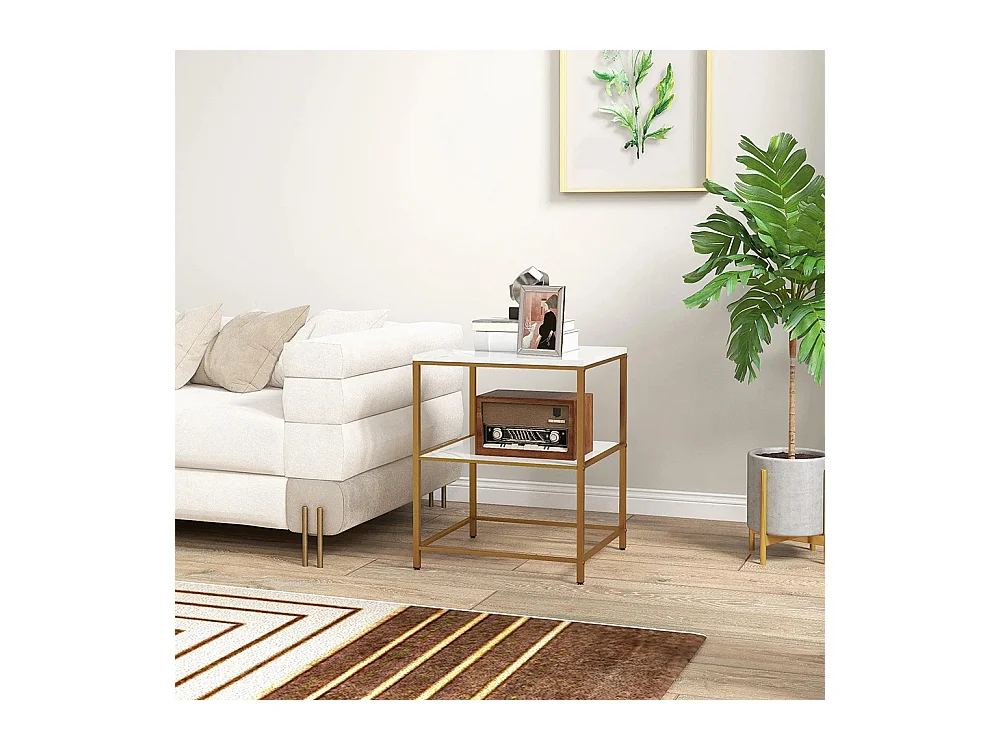 Table d'appoint, bout de canapé avec 2 étagères effet marbre et structure en métal doré, 44L x 40l x 54,5H cm