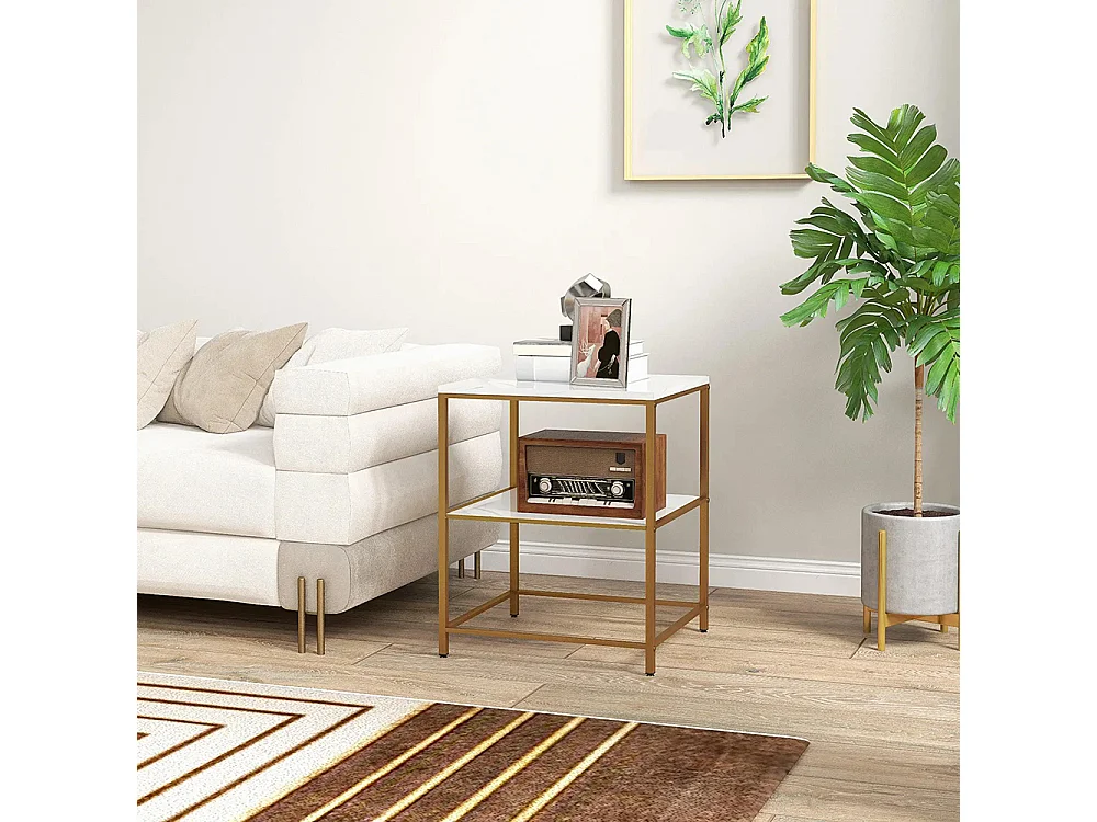 Table d'appoint, bout de canapé avec 2 étagères effet marbre et structure en métal doré, 44L x 40l x 54,5H cm