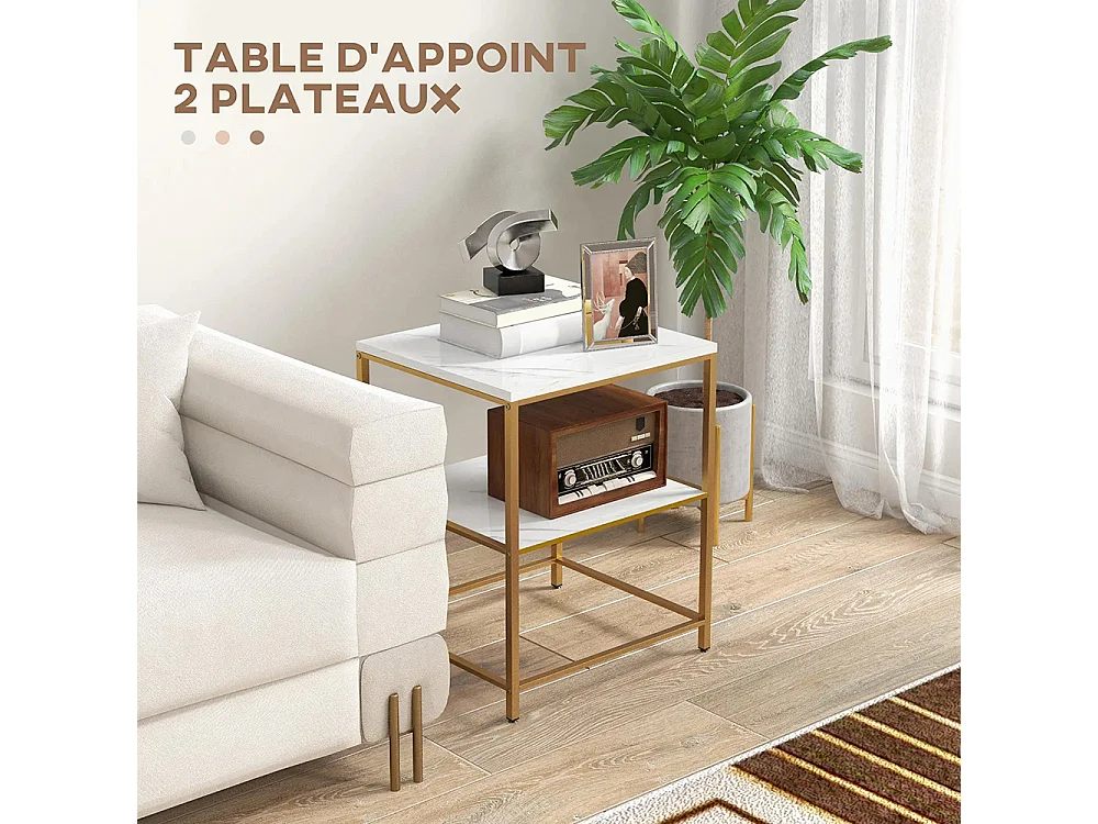 Table d'appoint, bout de canapé avec 2 étagères effet marbre et structure en métal doré, 44L x 40l x 54,5H cm