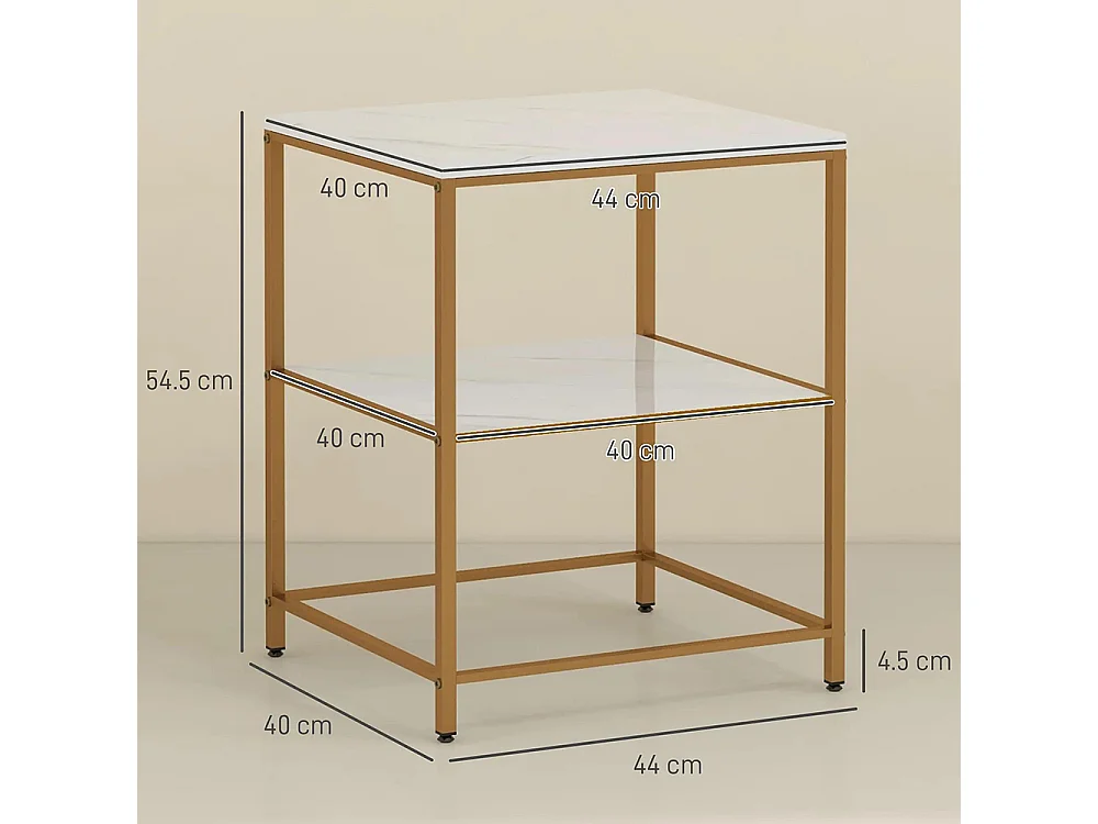 Table d'appoint, bout de canapé avec 2 étagères effet marbre et structure en métal doré, 44L x 40l x 54,5H cm