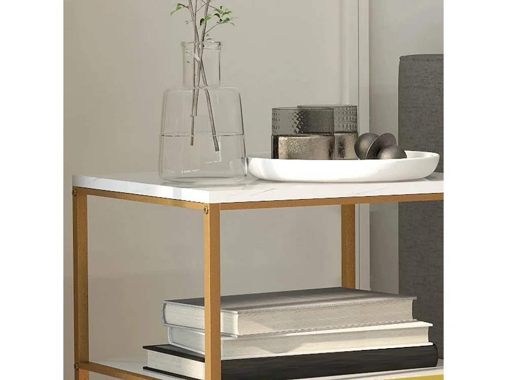 Table d'appoint, bout de canapé avec 2 étagères effet marbre et structure en métal doré, 44L x 40l x 54,5H cm