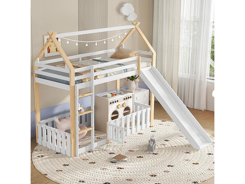 Kinderstapelbed 90x200cm met veiligheidshekje, glijbaan en ladder, wit en naturel (zonder matras)