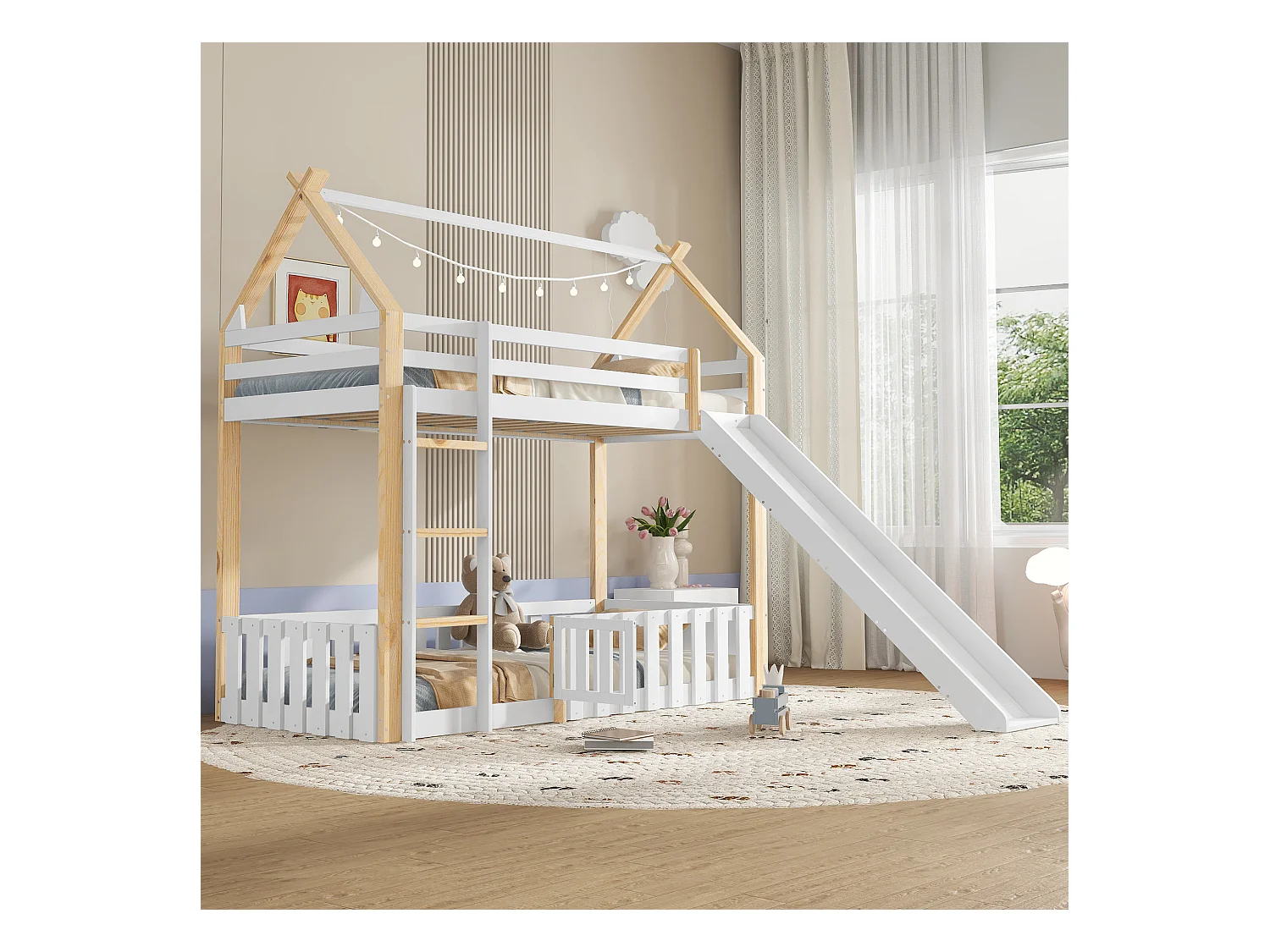 Lit superposé cabane enfant 90x200cm avec barrière de sécurité, toboggan et échelle, blanc et naturel (sans matelas)