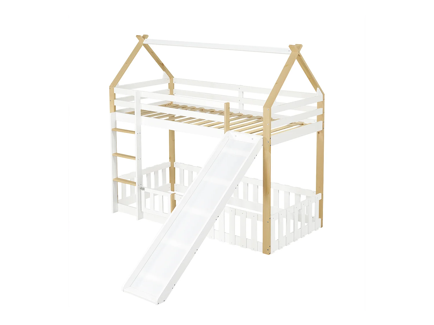Lit superposé cabane enfant 90x200cm avec barrière de sécurité, toboggan et échelle, blanc et naturel (sans matelas)