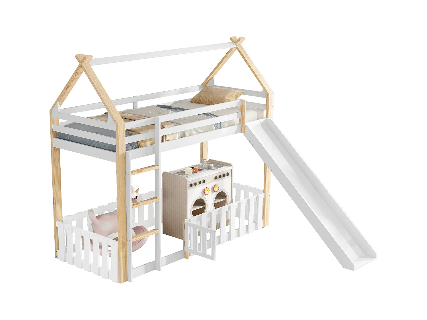 Lit superposé cabane enfant 90x200cm avec barrière de sécurité, toboggan et échelle, blanc et naturel (sans matelas)