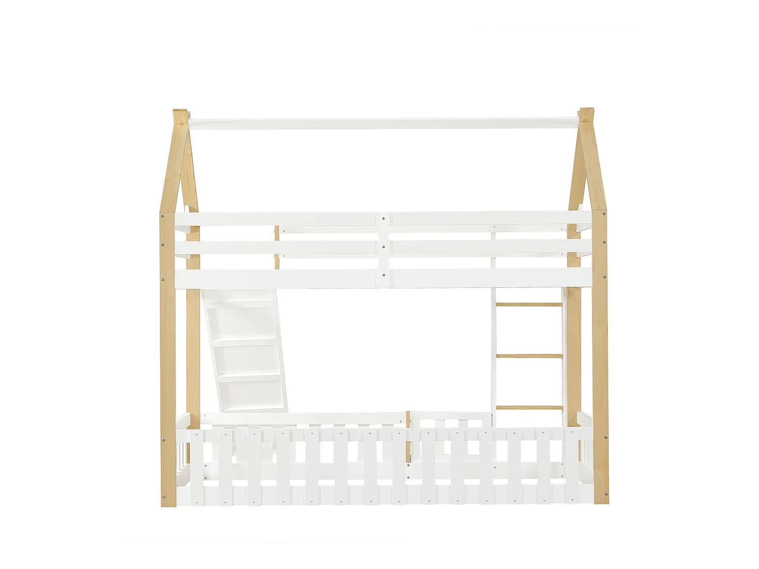 Lit superposé cabane enfant 90x200cm avec barrière de sécurité, toboggan et échelle, blanc et naturel (sans matelas)