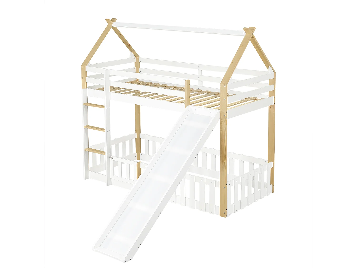 Lit superposé cabane enfant 90x200cm avec barrière de sécurité, toboggan et échelle, blanc et naturel (sans matelas)