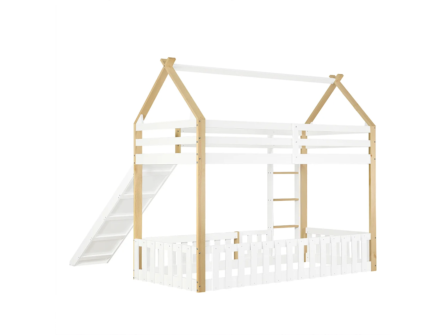 Lit superposé cabane enfant 90x200cm avec barrière de sécurité, toboggan et échelle, blanc et naturel (sans matelas)