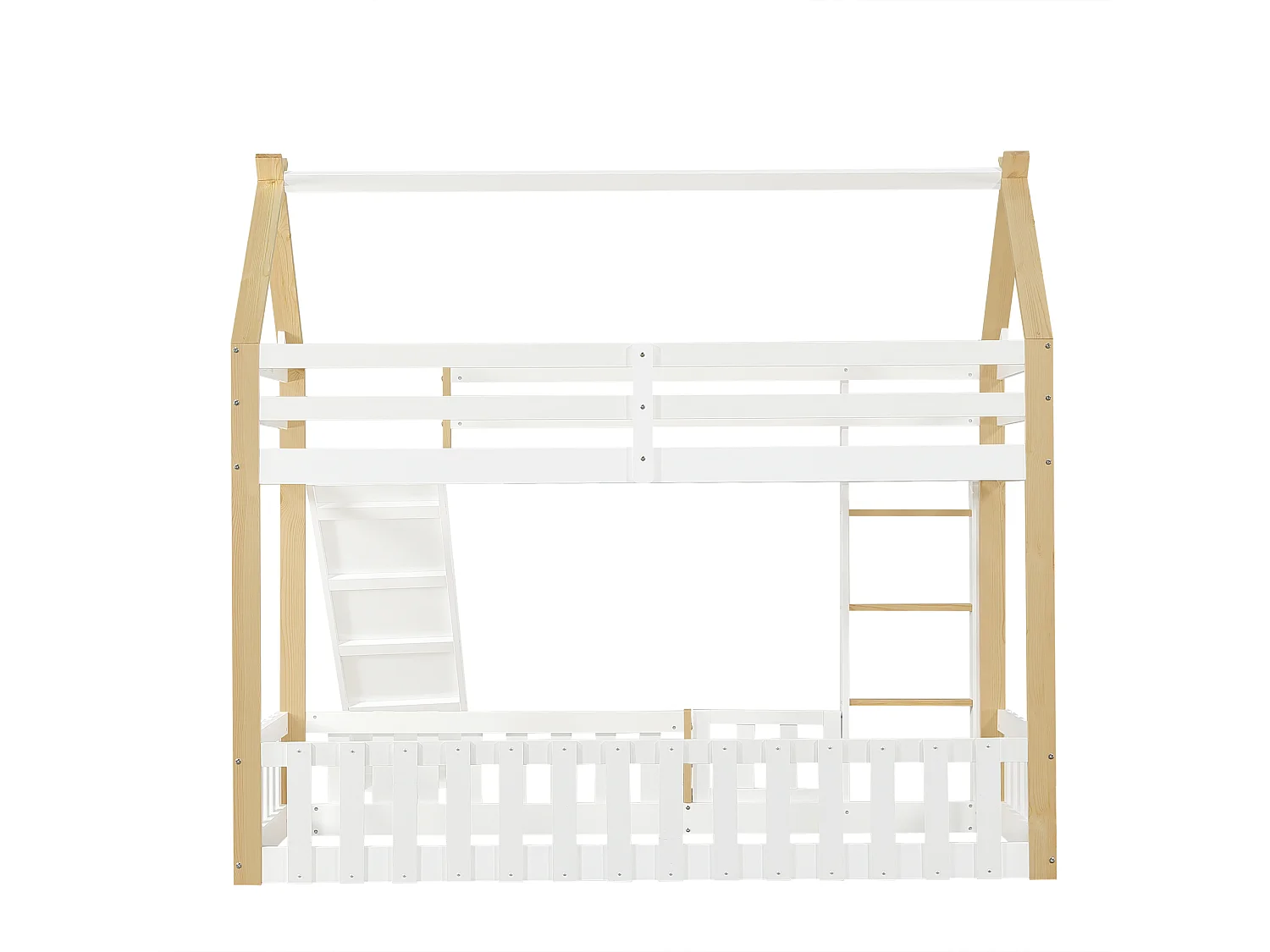 Lit superposé cabane enfant 90x200cm avec barrière de sécurité, toboggan et échelle, blanc et naturel (sans matelas)