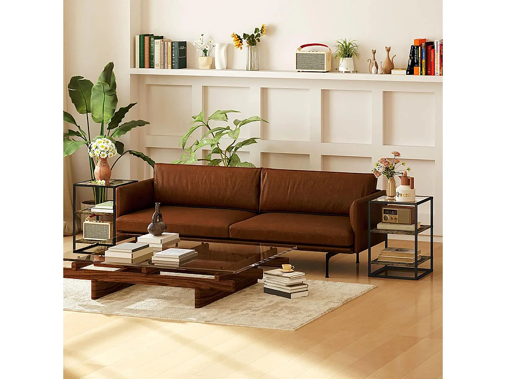 Table d'appoint 37 x 40 x 55,5 cm, comprenant 2 tables de chevet à trois niveaux, plateau en verre trempé, couleur brun vintage.