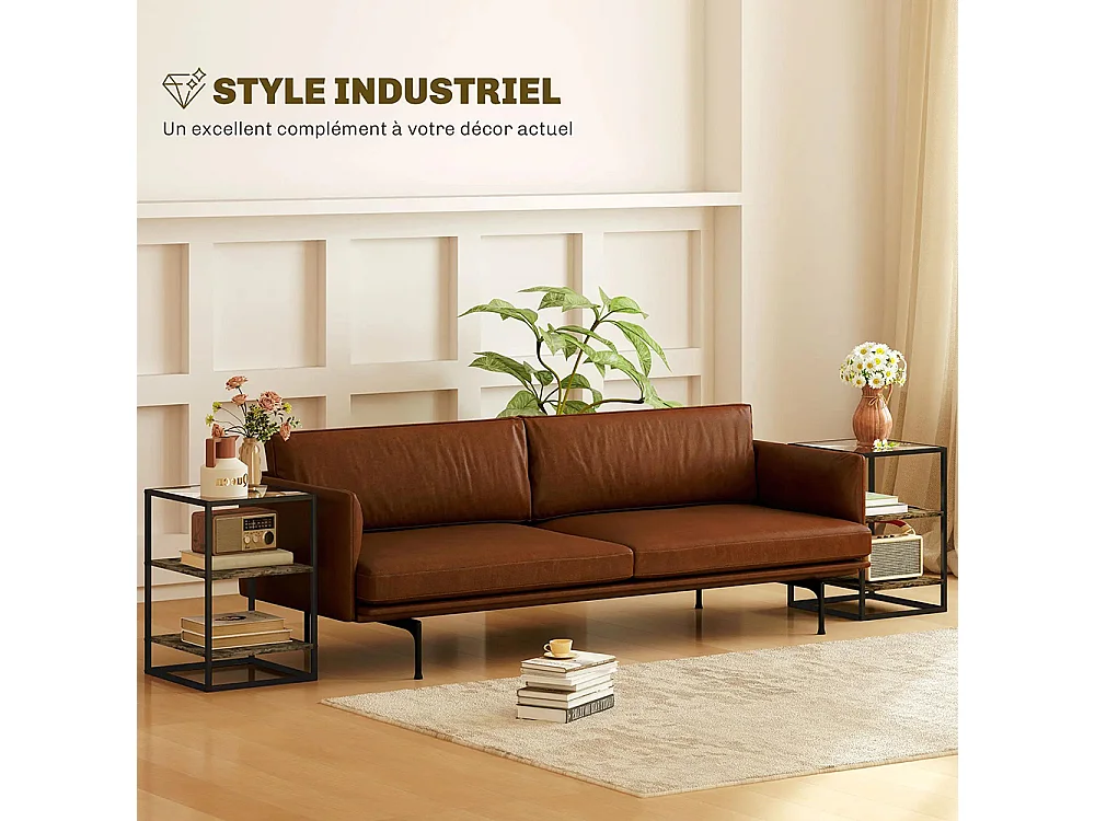 Table d'appoint 37 x 40 x 55,5 cm, comprenant 2 tables de chevet à trois niveaux, plateau en verre trempé, couleur brun vintage.