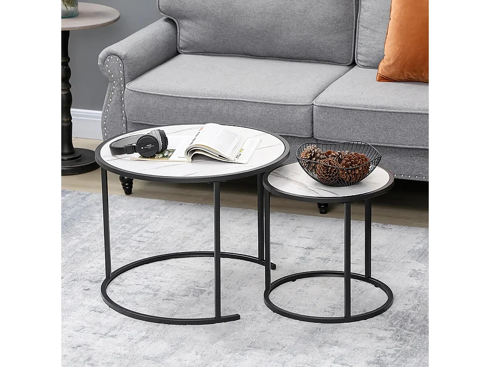 Lot de 2 Tables Basses Rondes gigogne empilables Plateau en bois aspect marbre et Pieds en métal Noir