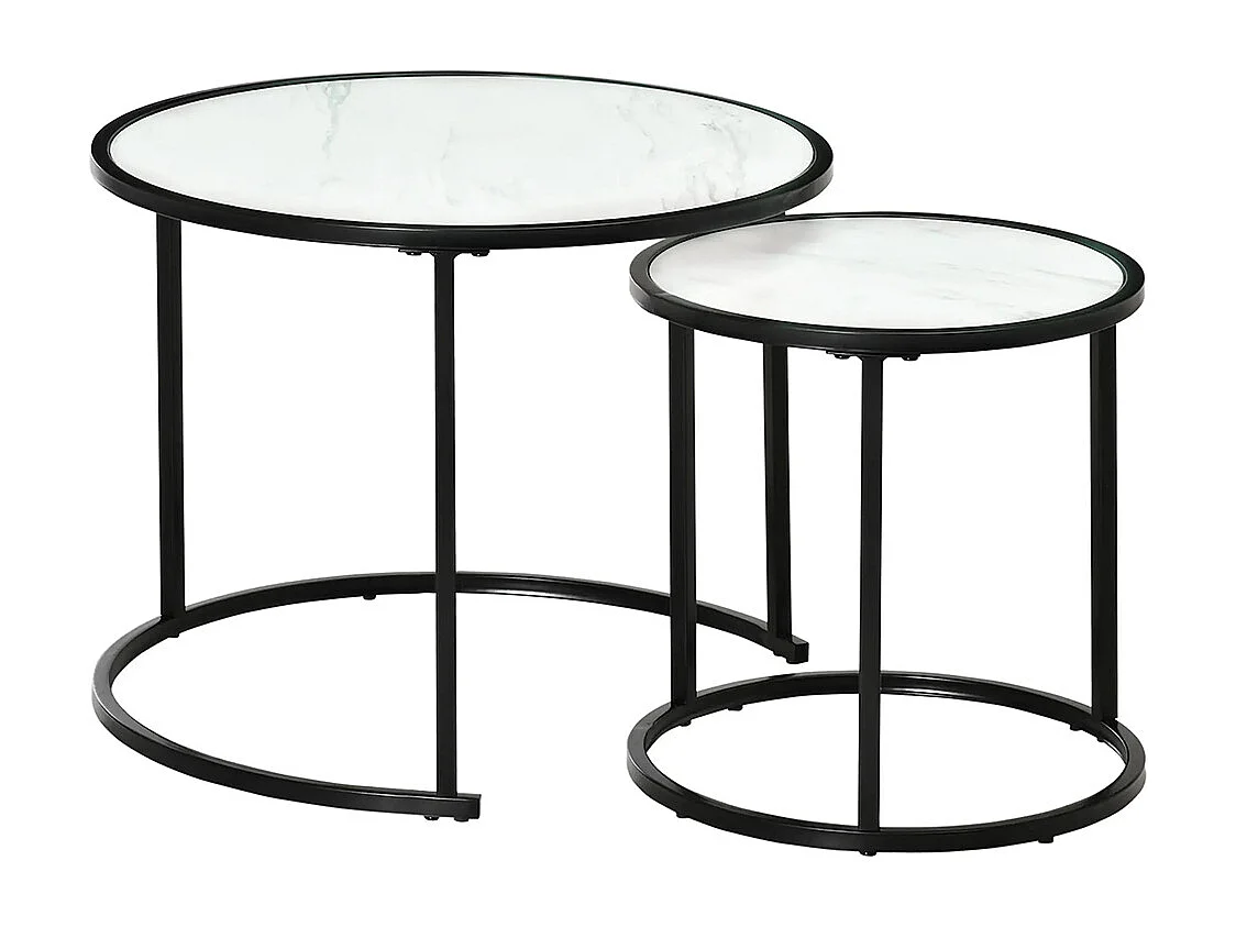 Lot de 2 Tables Basses Rondes gigogne empilables Plateau en bois aspect marbre et Pieds en métal Noir