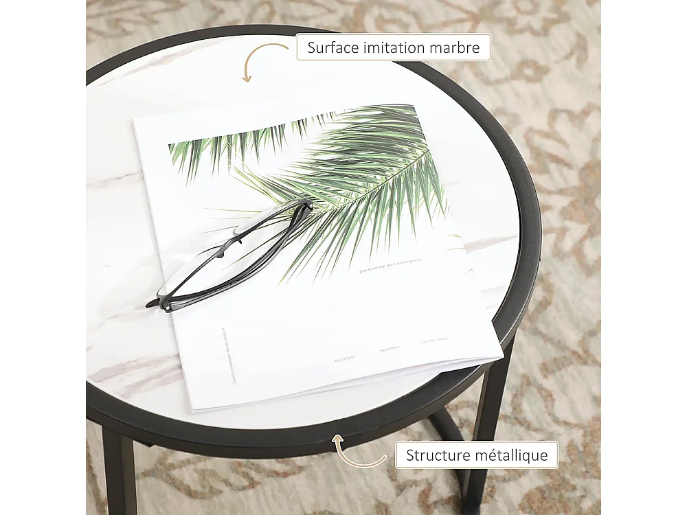 Lot de 2 Tables Basses Rondes gigogne empilables Plateau en bois aspect marbre et Pieds en métal Noir