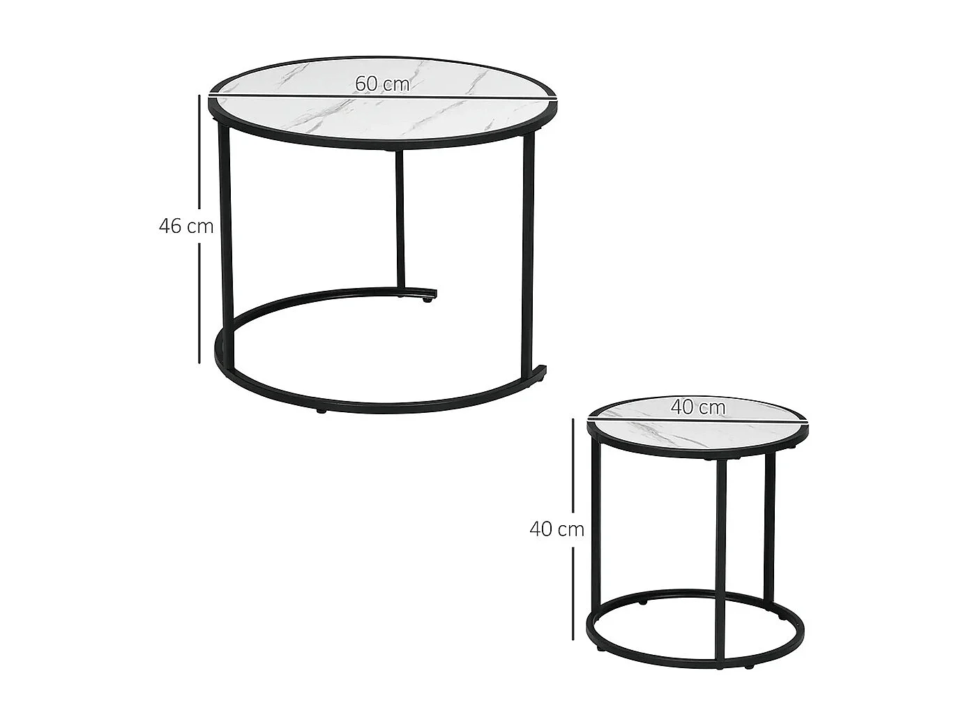 Lot de 2 Tables Basses Rondes gigogne empilables Plateau en bois aspect marbre et Pieds en métal Noir