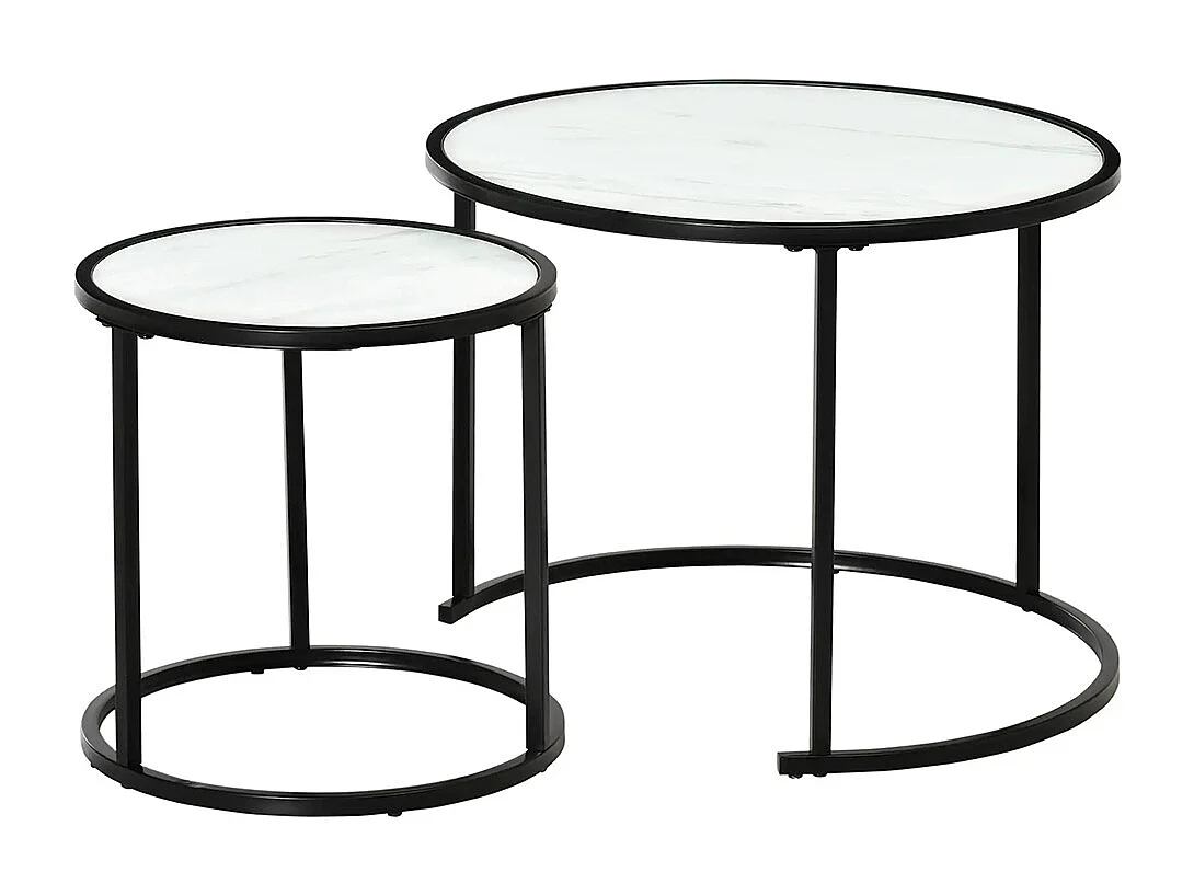 Lot de 2 Tables Basses Rondes gigogne empilables Plateau en bois aspect marbre et Pieds en métal Noir