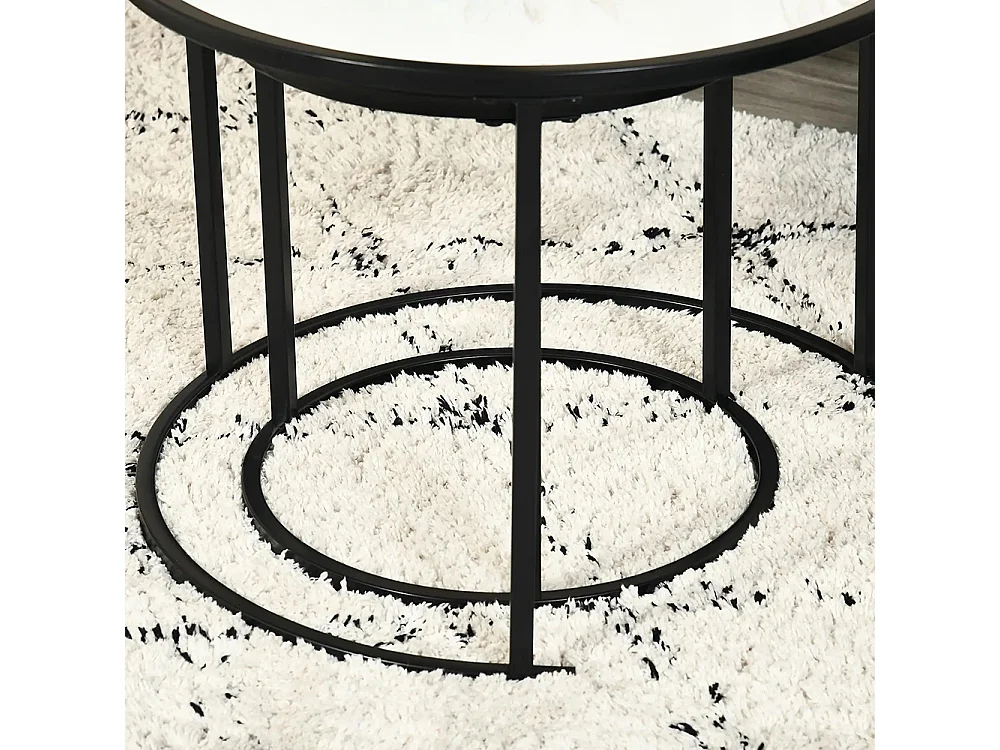 Lot de 2 Tables Basses Rondes gigogne empilables Plateau en bois aspect marbre et Pieds en métal Noir