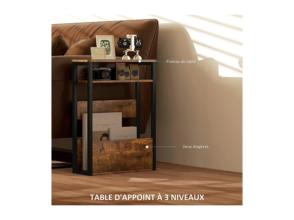 Table d'appoint 46 x 18 cm de large x 58,5 cm de haut, avec deux étagères, brun vintage.