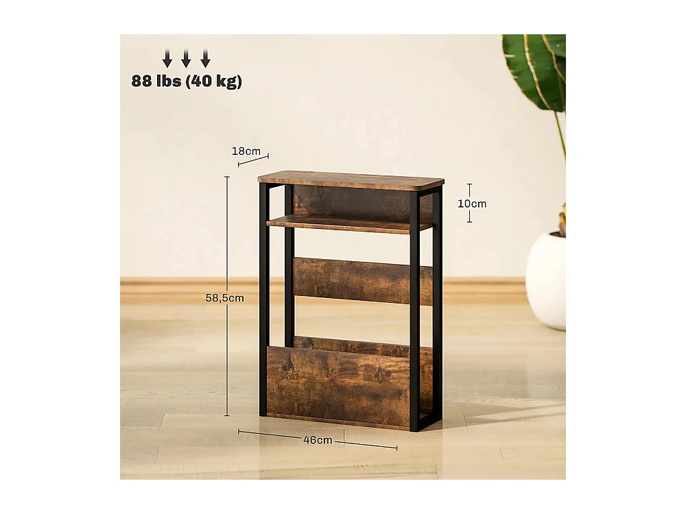 Table d'appoint 46 x 18 cm de large x 58,5 cm de haut, avec deux étagères, brun vintage.
