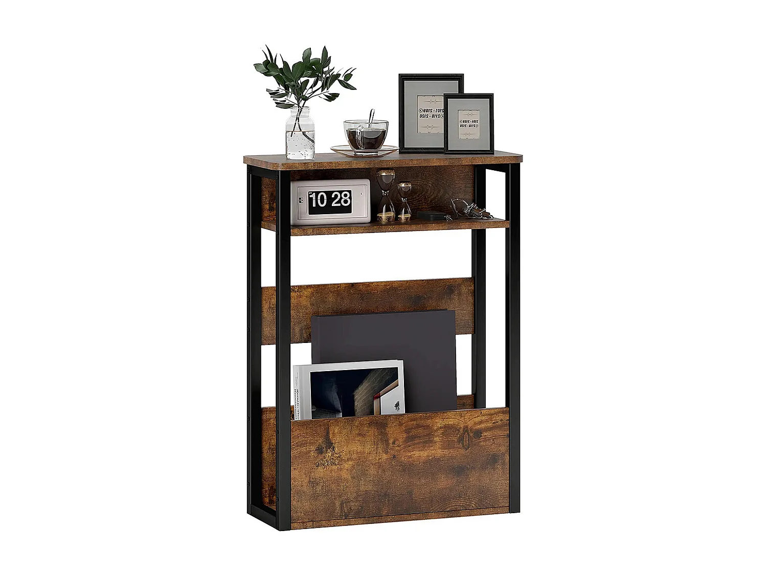 Table d'appoint 46 x 18 cm de large x 58,5 cm de haut, avec deux étagères, brun vintage.