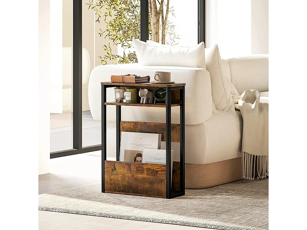 Table d'appoint 46 x 18 cm de large x 58,5 cm de haut, avec deux étagères, brun vintage.