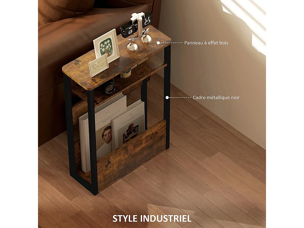 Table d'appoint 46 x 18 cm de large x 58,5 cm de haut, avec deux étagères, brun vintage.