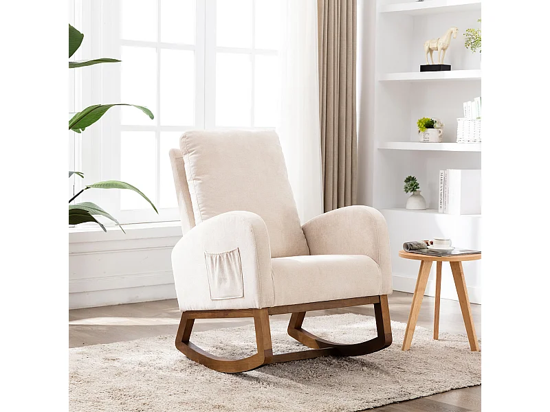 Rocking chair en lin beige avec poches latérales et dossier haut 93,97 x 68,83 x 100,83 cm