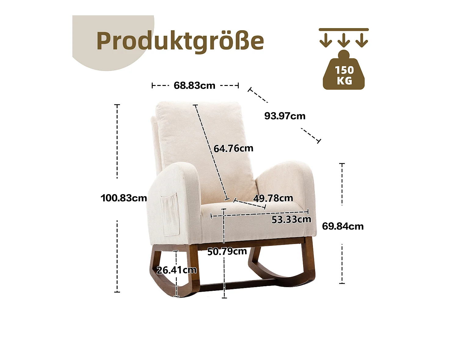 Rocking chair en lin beige avec poches latérales et dossier haut 93,97 x 68,83 x 100,83 cm