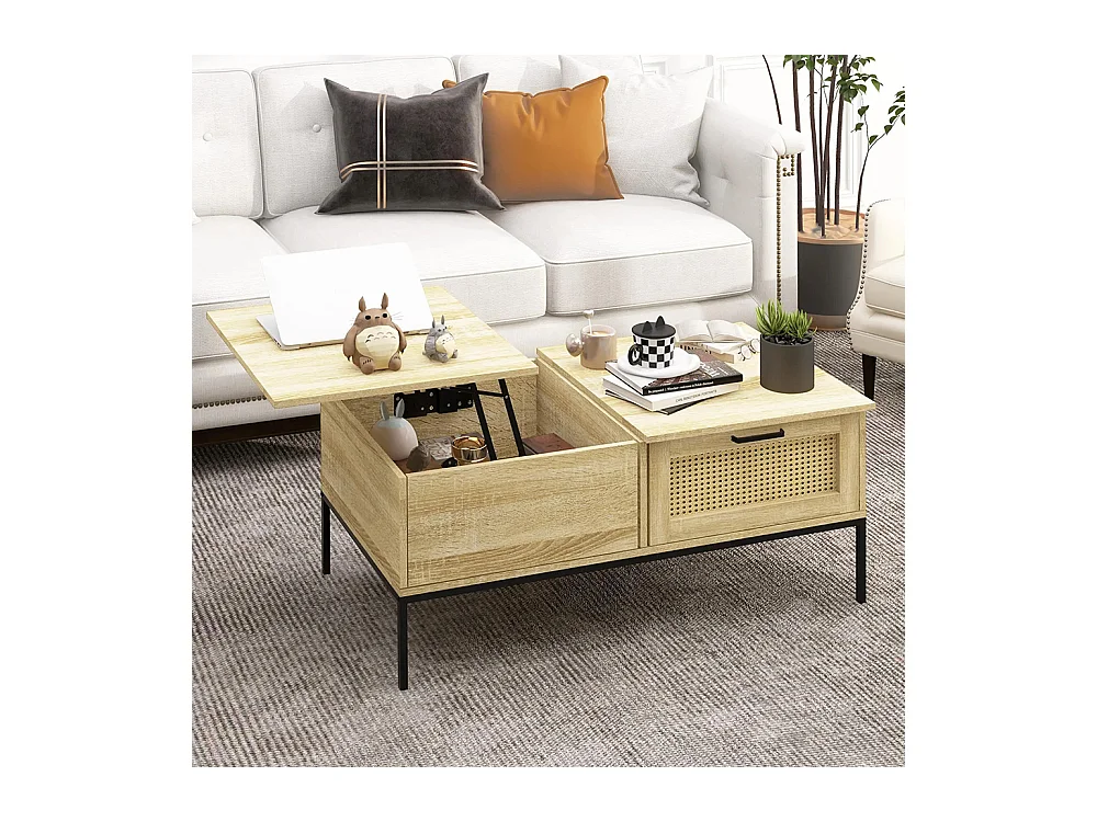 Table basse avec plateau relevable table de salon avec 2 grands tiroirs cadre en acier 106 x 56,3 x 48 cm naturel